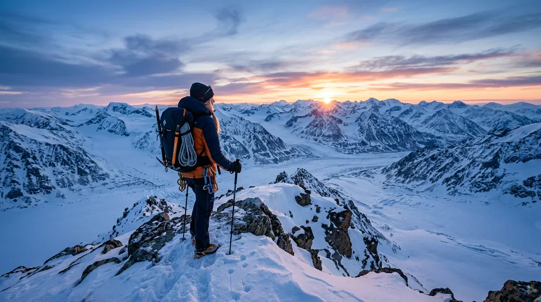 L'aventure dans le grand froid : choisir l'équipement idéal en 2026 Un explorateur portant une combinaison grand froid sur un sommet enneigé au lever du soleil.