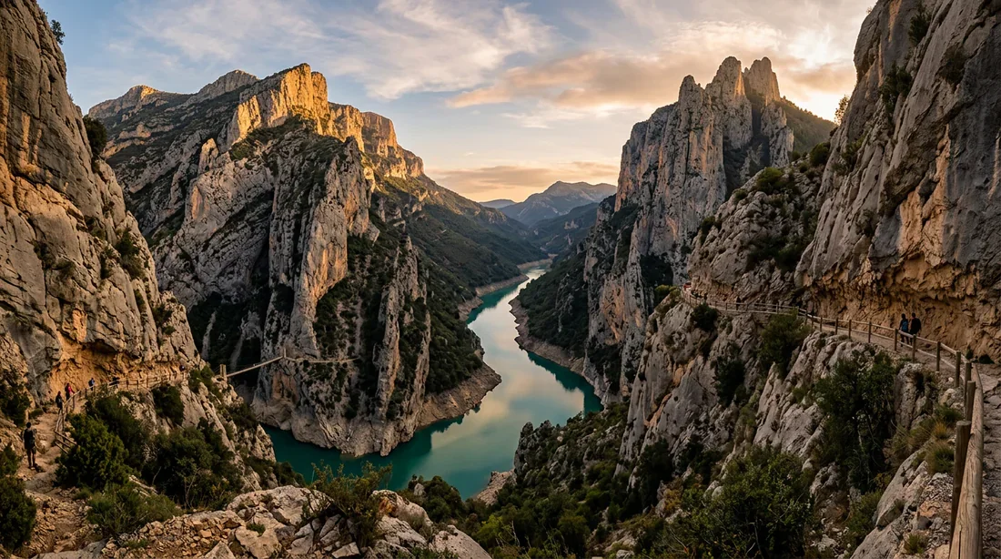 Vue panoramique époustouflante du Congost de Mont-rebei avec ses parois rocheuses surplombant les eaux turquoise du fleuve.