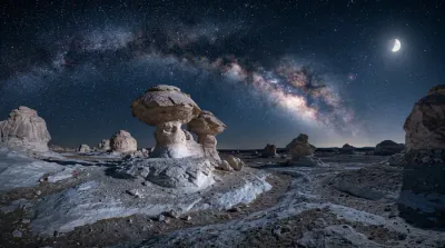 Un rocher solitaire et emblématique du Désert Blanc sous un ciel bleu intense