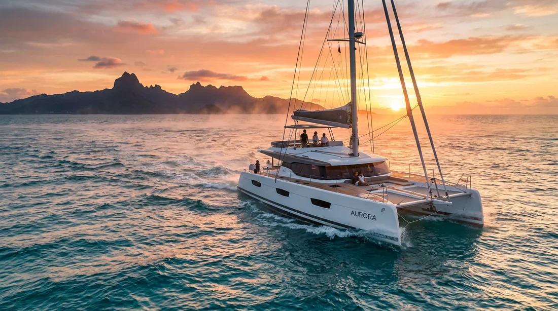 Un catamaran luxueux naviguant sur l'océan Indien entre Maurice et la Réunion au lever du soleil