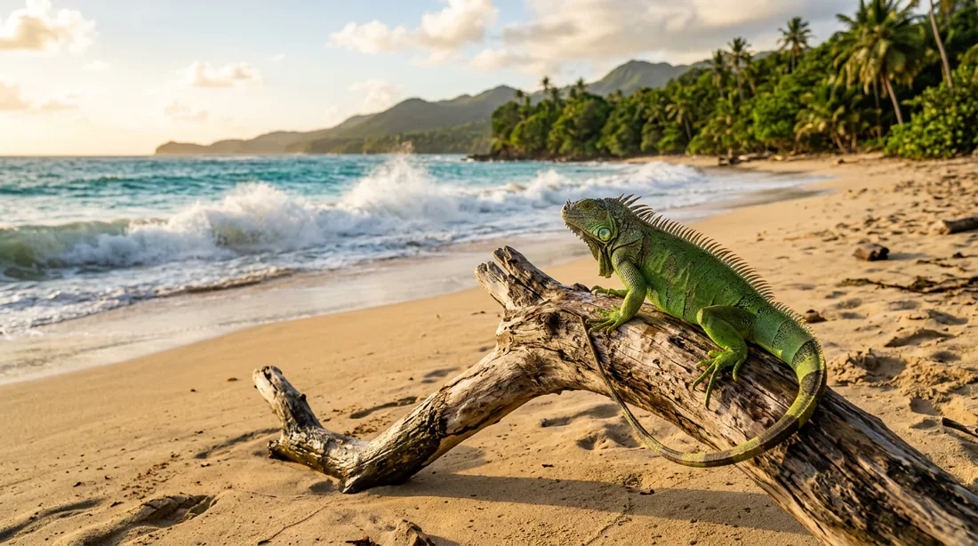 Un iguane majestueux sur une plage paradisiaque de Guadeloupe au coucher du soleil