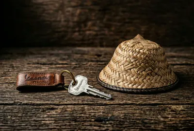 Clés de scooter posées sur une table en bois avec un chapeau traditionnel thaïlandais
