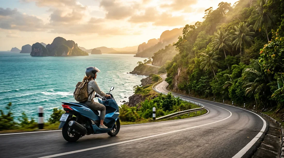 Un voyageur conduisant un scooter sur une route côtière en Thaïlande au coucher du soleil