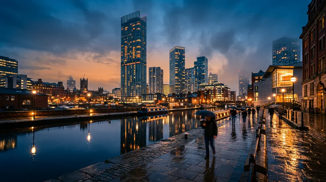 Vue panoramique épique de la skyline de Manchester au crépuscule avec une atmosphère urbaine moderne et immersive