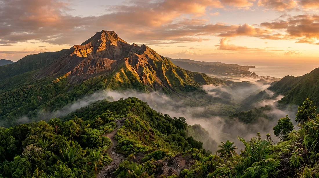Vue panoramique épique de la Montagne Pelée à la lumière dorée du coucher de soleil