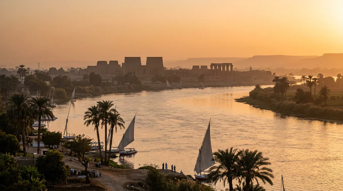 Paysage épique du Nil au coucher du soleil avec des temples égyptiens en arrière-plan