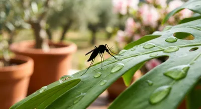 Gros plan macro d'un moustique sur une feuille tropicale humide à Madère
