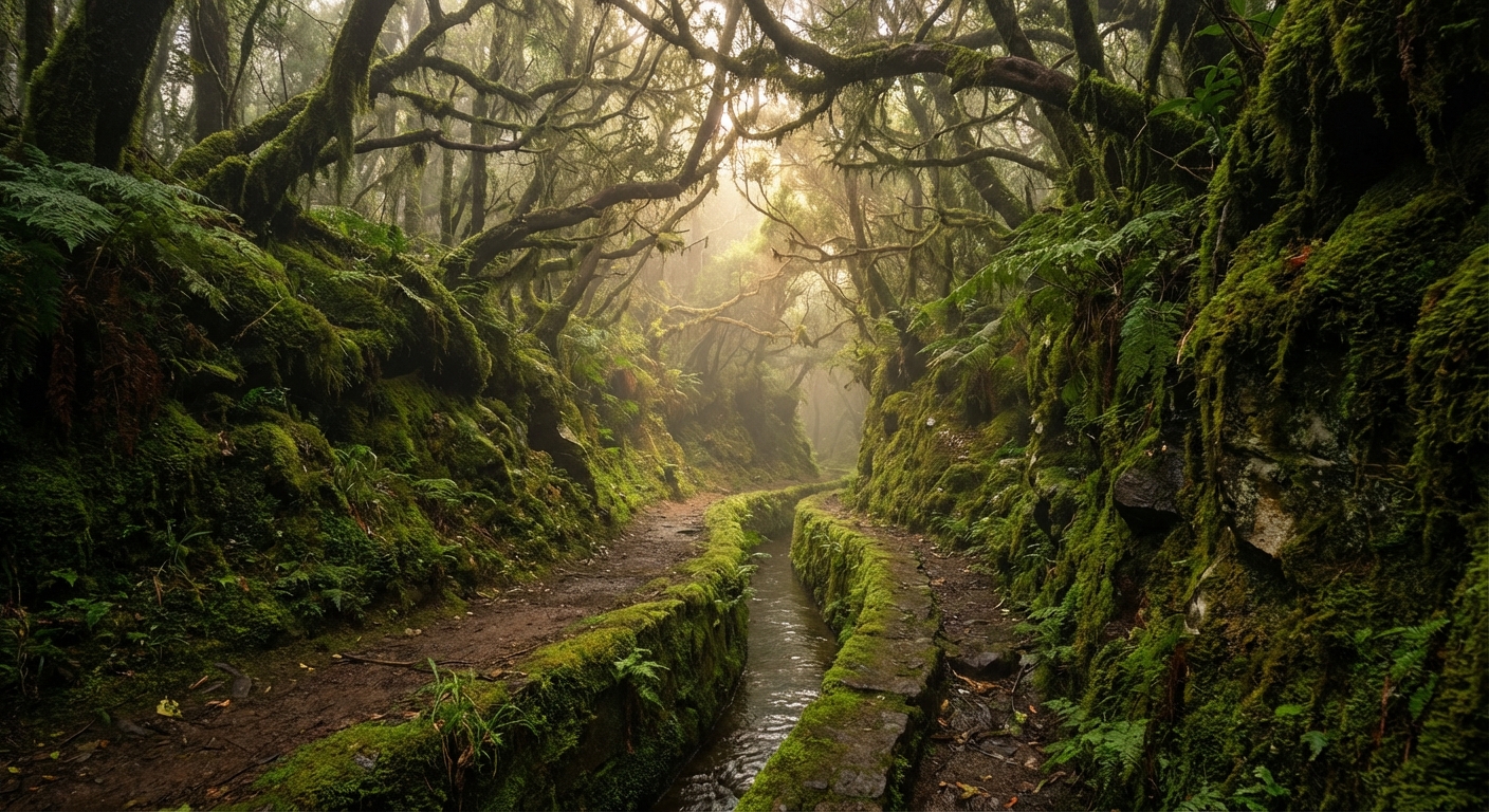 Forêt humide et levada typique de l'île de Madère Sentier d'une levada traditionnelle dans la forêt humide de Madère, environnement propice aux moustiques