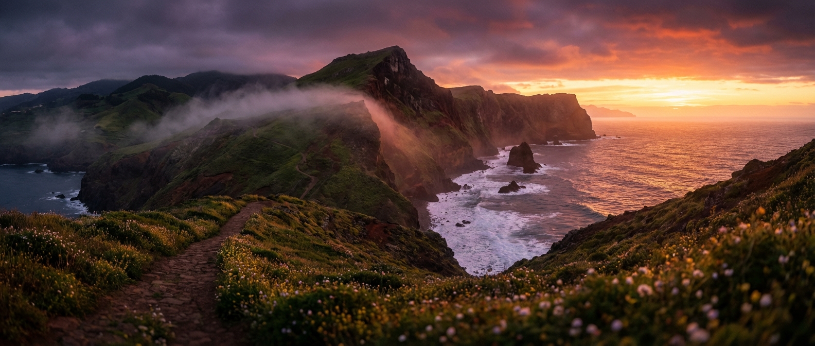 Paysage épique de Madère entre mer et montagnes Vue panoramique spectaculaire des falaises et des montagnes de Madère au crépuscule sous une lumière dorée