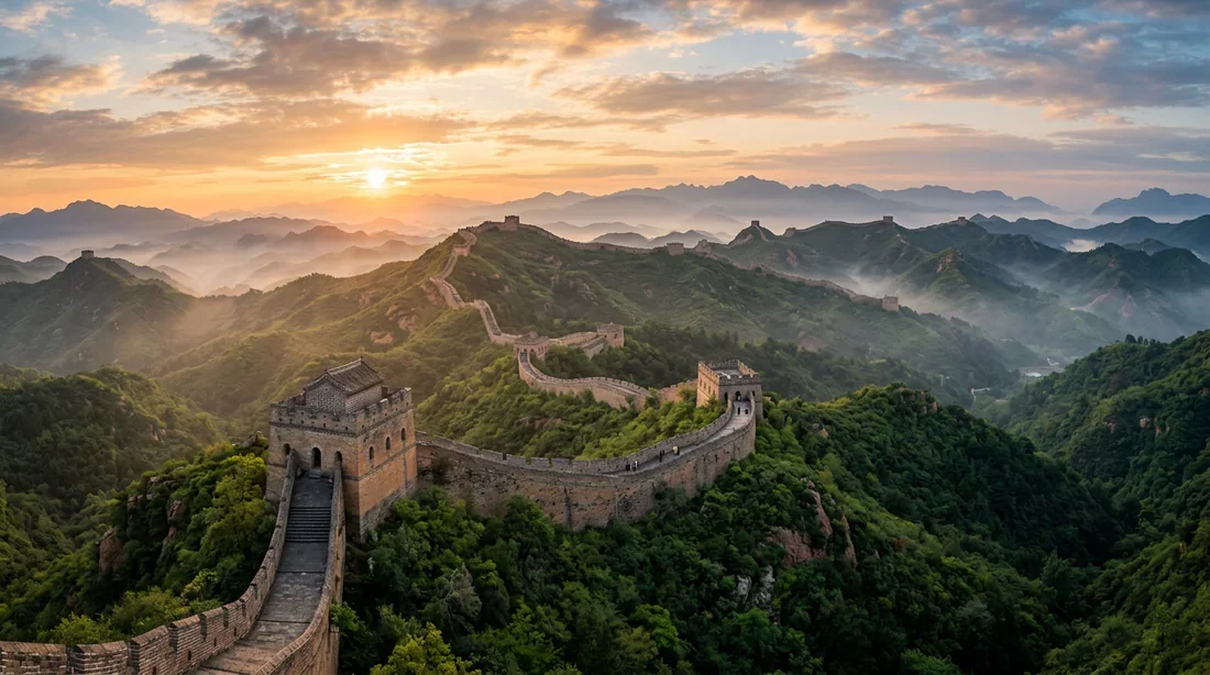 Vue panoramique épique de la muraille de Chine s'étendant sur les montagnes au coucher du soleil