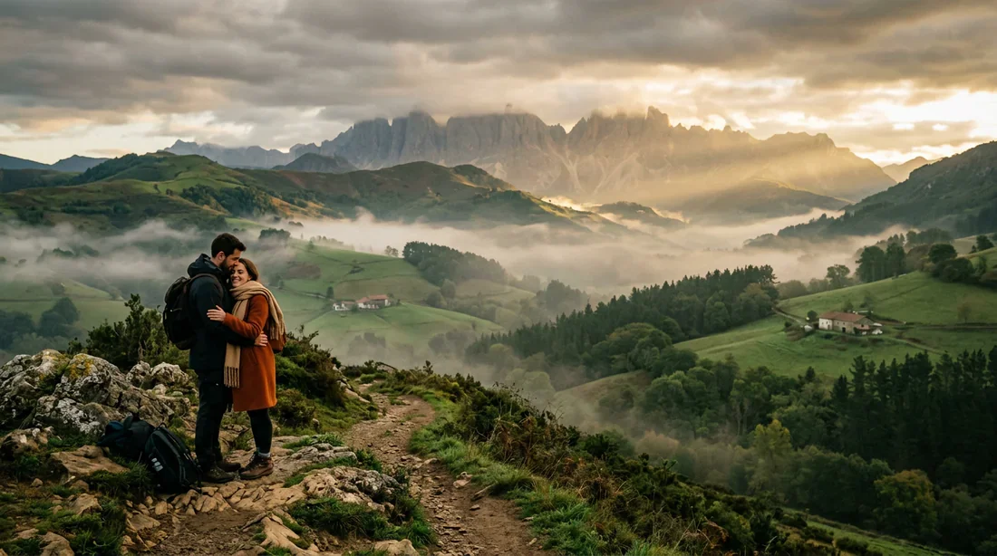 Le Pays basque et l'esprit du muxu Couple partageant un moment romantique dans les paysages verdoyants du Pays basque au coucher du soleil