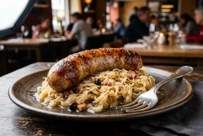 Gros plan sur une assiette de choucroute alsacienne traditionnelle.