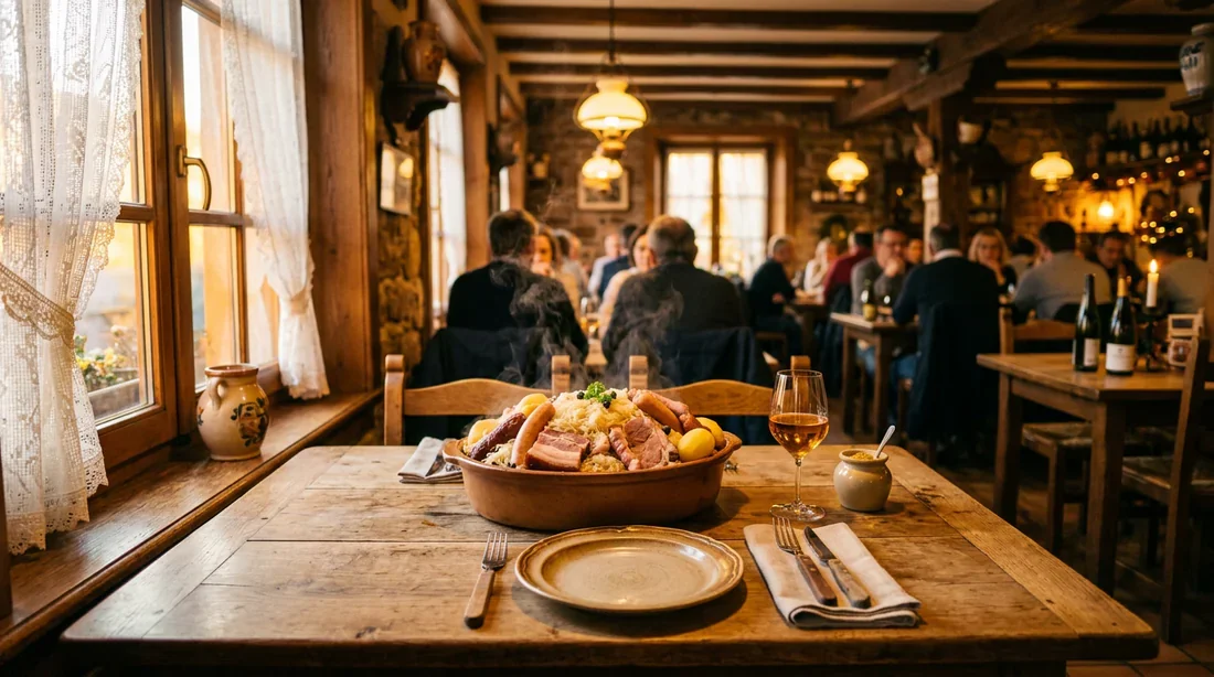 Une table conviviale dans un restaurant alsacien traditionnel avec une choucroute généreuse.