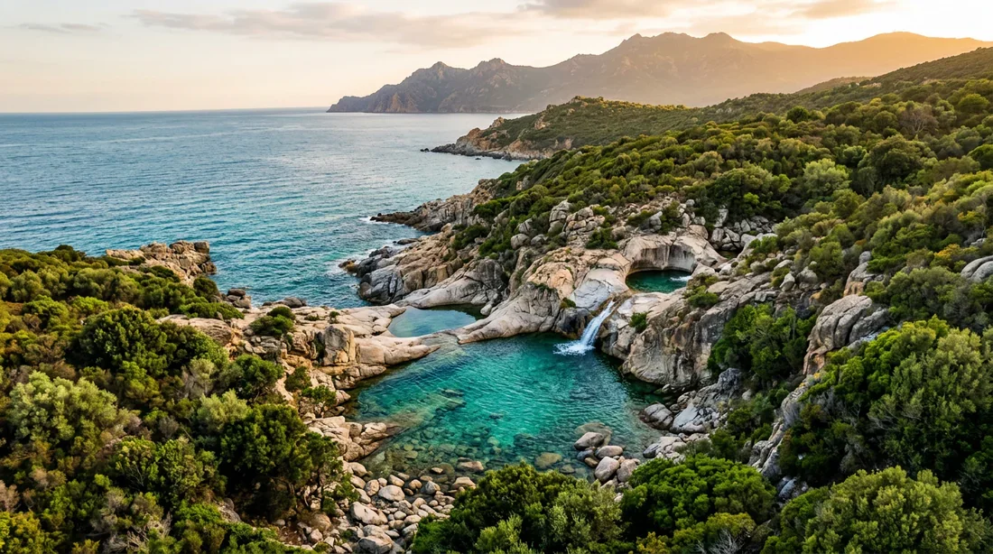 Vue aérienne d'une piscine naturelle aux eaux cristallines près d'Ajaccio lors d'un coucher de soleil