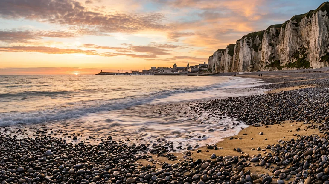 Vue panoramique de la plage de Dieppe au coucher du soleil avec ses falaises emblématiques