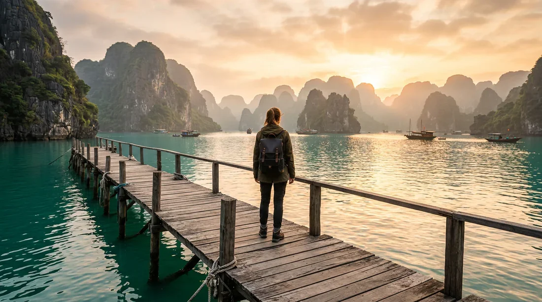Paysage épique d'Asie du Sud-Est au coucher du soleil pour un premier voyage