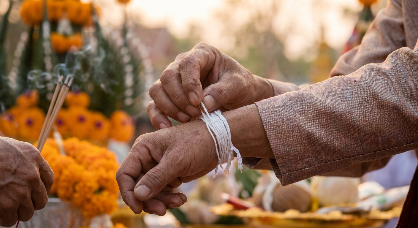 Détail d'une cérémonie du Baci montrant le lien sacré des fils de coton au poignet.