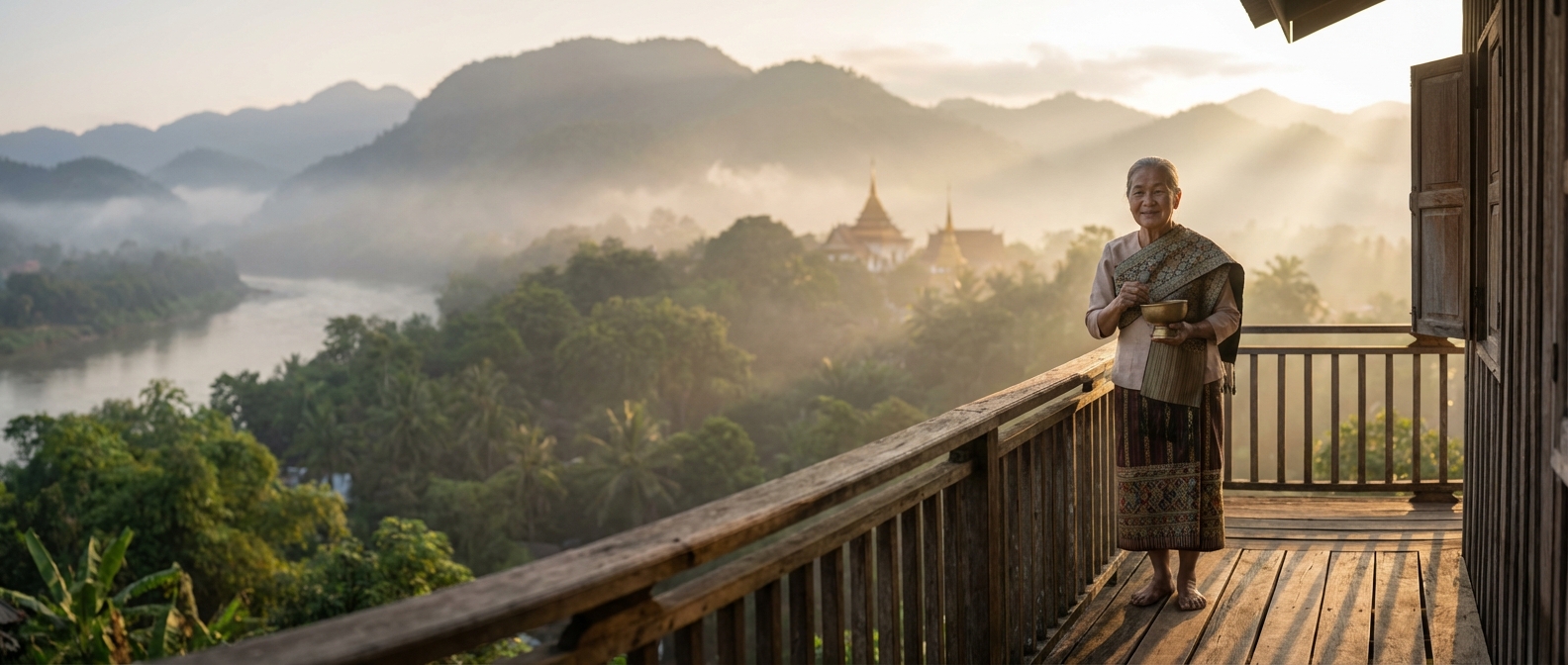 Femme laotienne en tenue traditionnelle contemplant les montagnes brumeuses de Luang Prabang au lever du soleil.