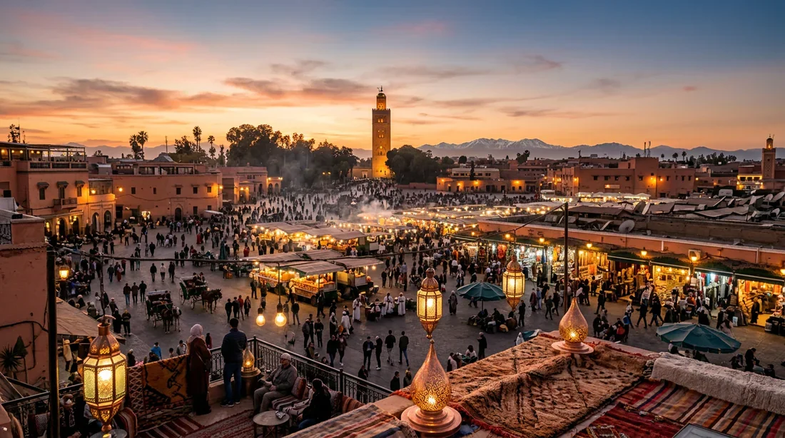 Marrakech : L'effervescence de la place Jemaa el-Fna Vue panoramique de la place Jemaa el-Fna à Marrakech au coucher du soleil en février