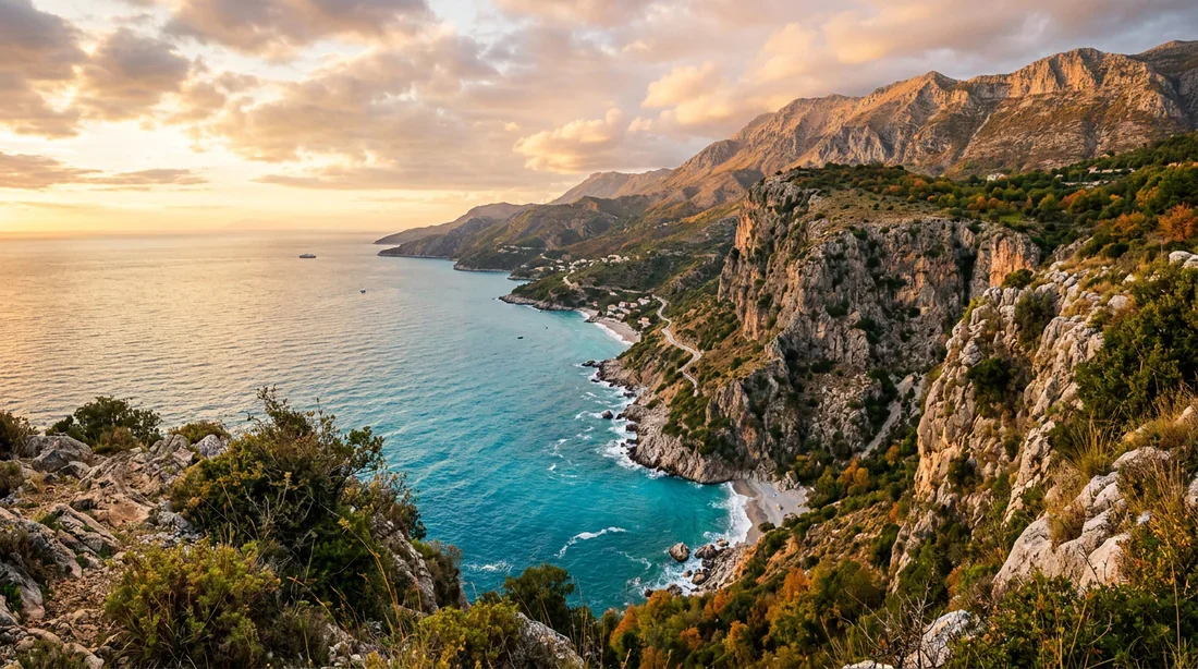 La Riviera albanaise en octobre Paysage époustouflant de la Riviera albanaise en automne avec une lumière dorée