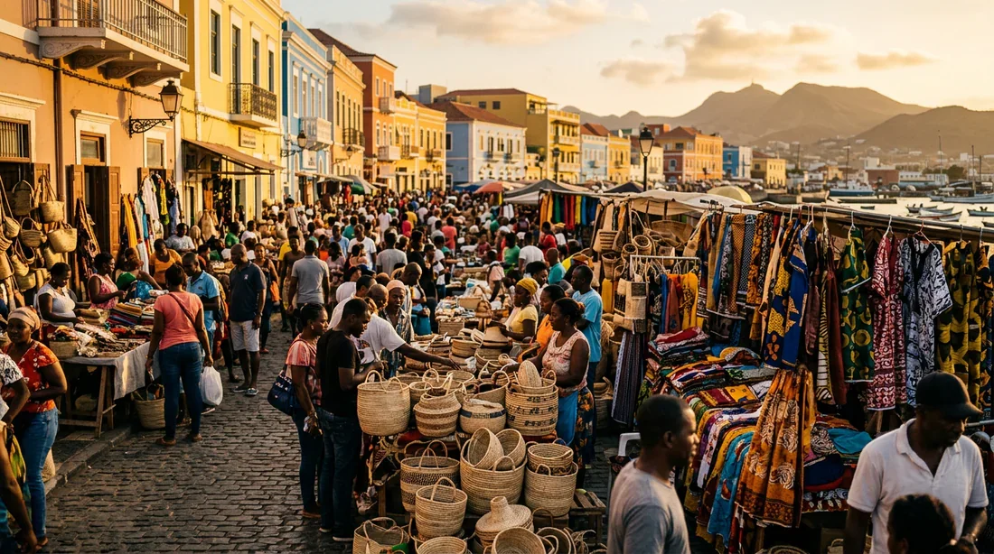 Marché artisanal coloré au Cap-Vert au coucher du soleil