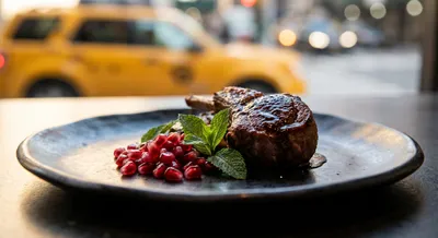 Gros plan d'un plat halal gastronomique dans un restaurant de New York.
