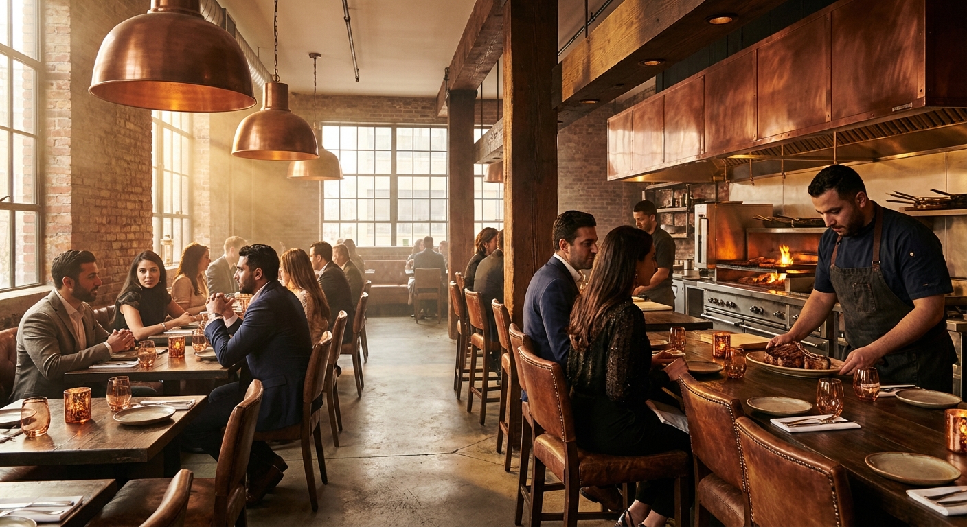Intérieur élégant et moderne d'un steakhouse halal branché à Manhattan.