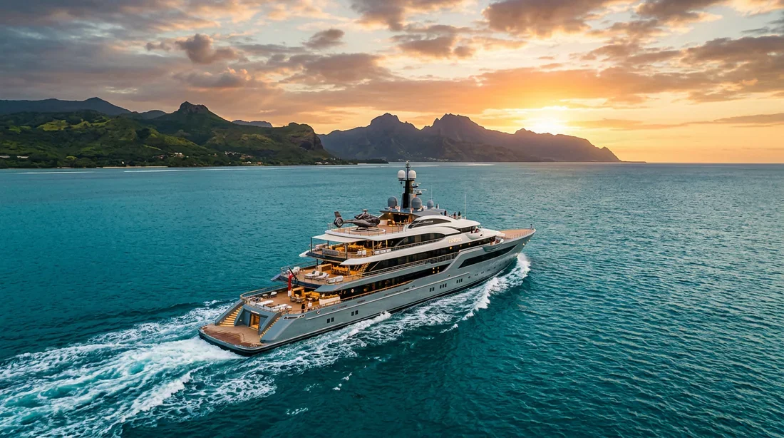 Une traversée épique entre Maurice et la Réunion Un luxueux yacht naviguant entre l'île Maurice et la Réunion au coucher du soleil