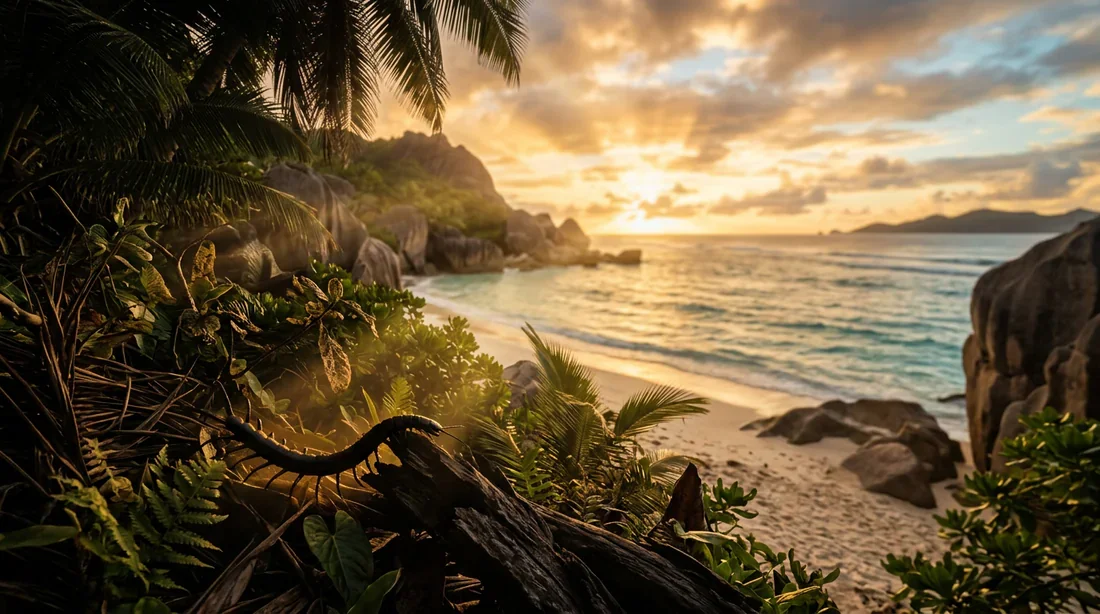 Vue cinématographique d'une plage des Seychelles au coucher du soleil avec une végétation tropicale luxuriante