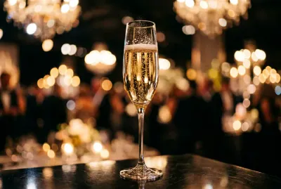 Détail festif d'une coupe de champagne lors d'une soirée de gala en croisière