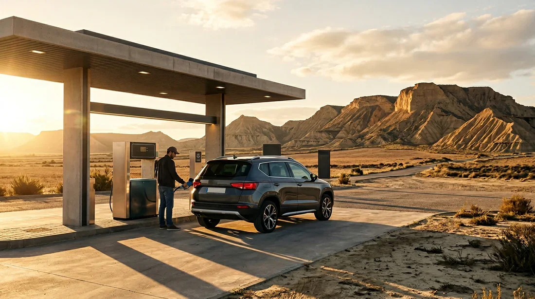 Voiture faisant le plein dans une station-service GPL moderne dans un paysage désertique espagnol au coucher du soleil
