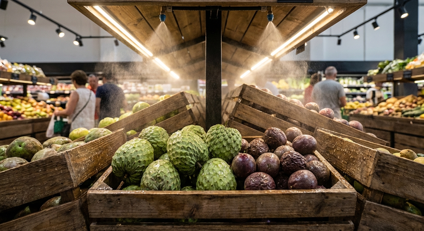 Fraîcheur des étals madériens Étalage de fruits exotiques frais dans un supermarché de Madère