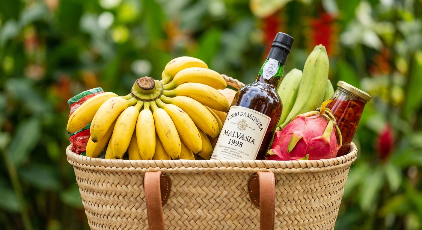 Panier de courses rempli de spécialités locales de Madère
