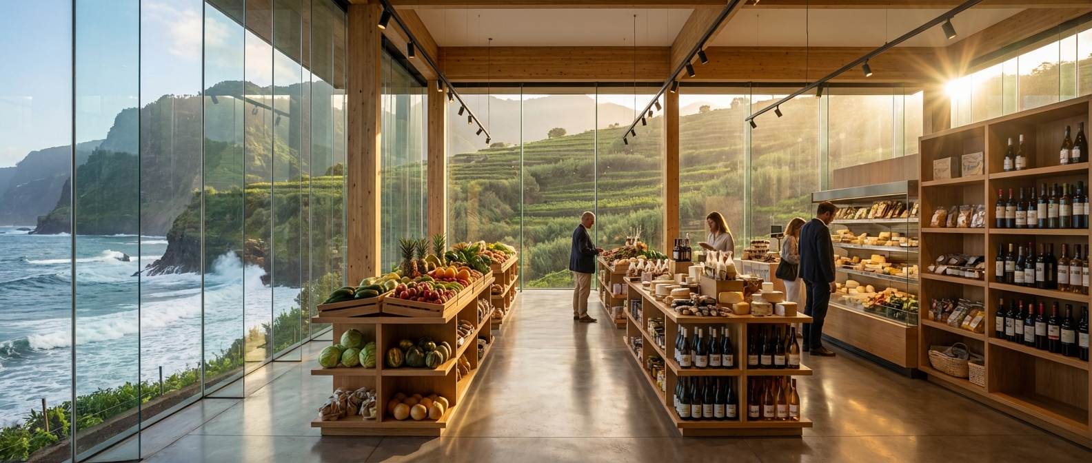 Expérience shopping haut de gamme à Madère Vue panoramique d'un supermarché moderne à Madère avec vue sur l'océan Atlantique