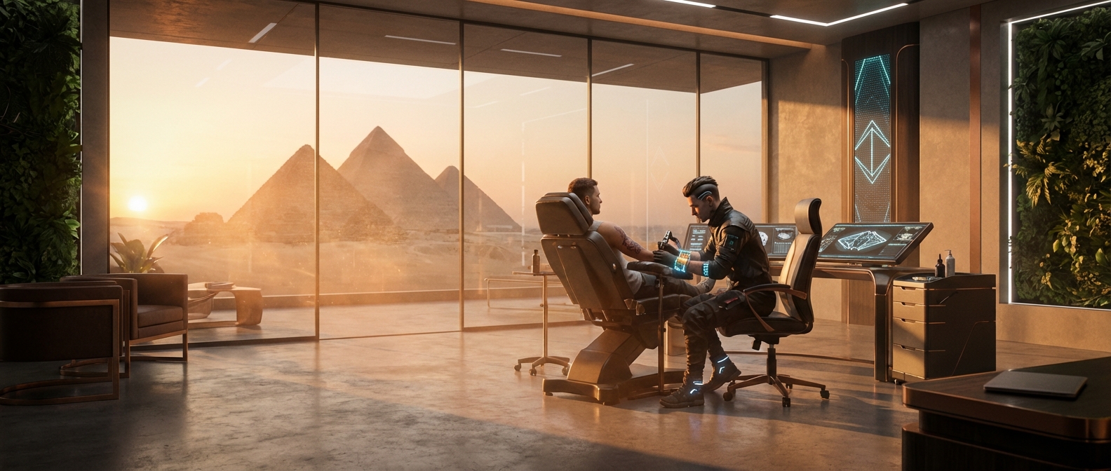 Studio de tatouage de luxe au Caire avec vue panoramique sur les pyramides au coucher du soleil.