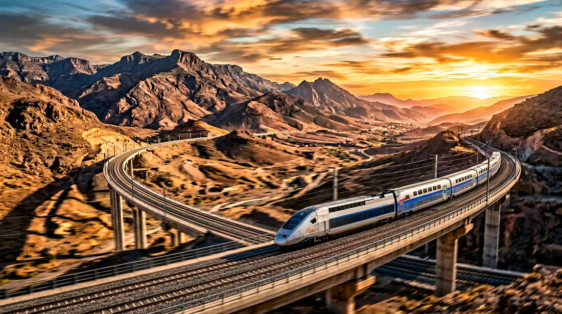 Un train moderne voyageant à travers les montagnes de l'Atlas au Maroc pendant l'heure dorée