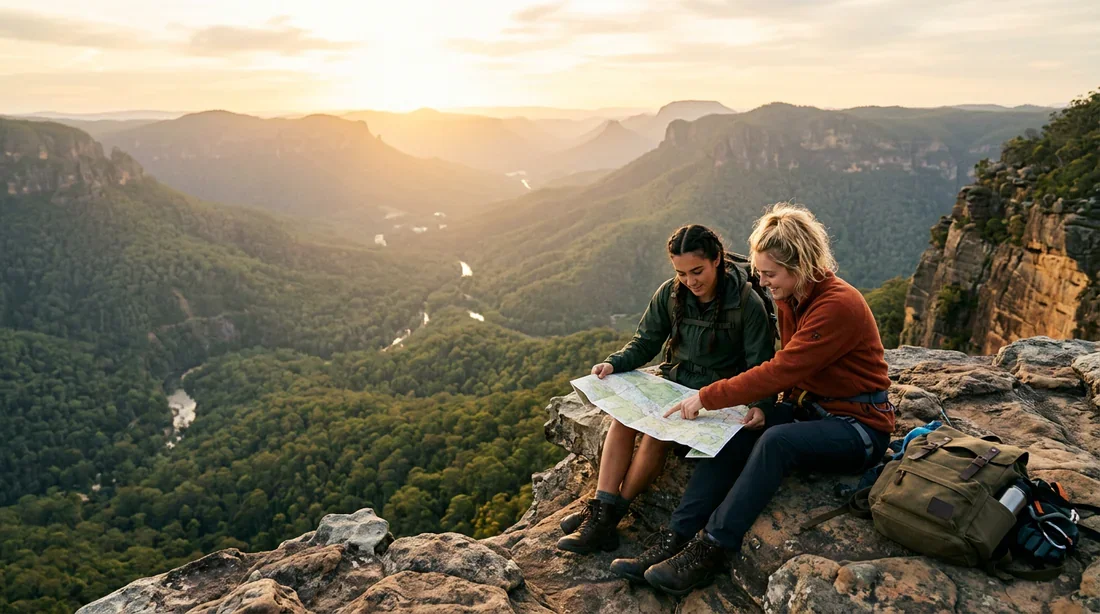 Deux femmes étudiant une carte sur une montagne au coucher du soleil