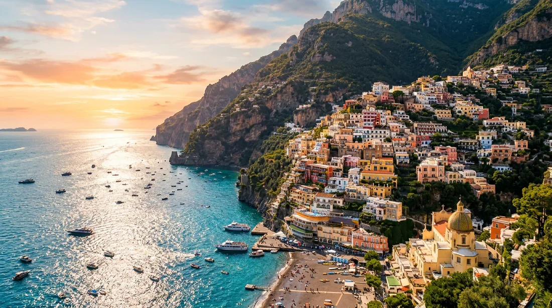 La côte amalfitaine dans toute sa splendeur Vue panoramique époustouflante de la côte amalfitaine et de Positano au coucher du soleil