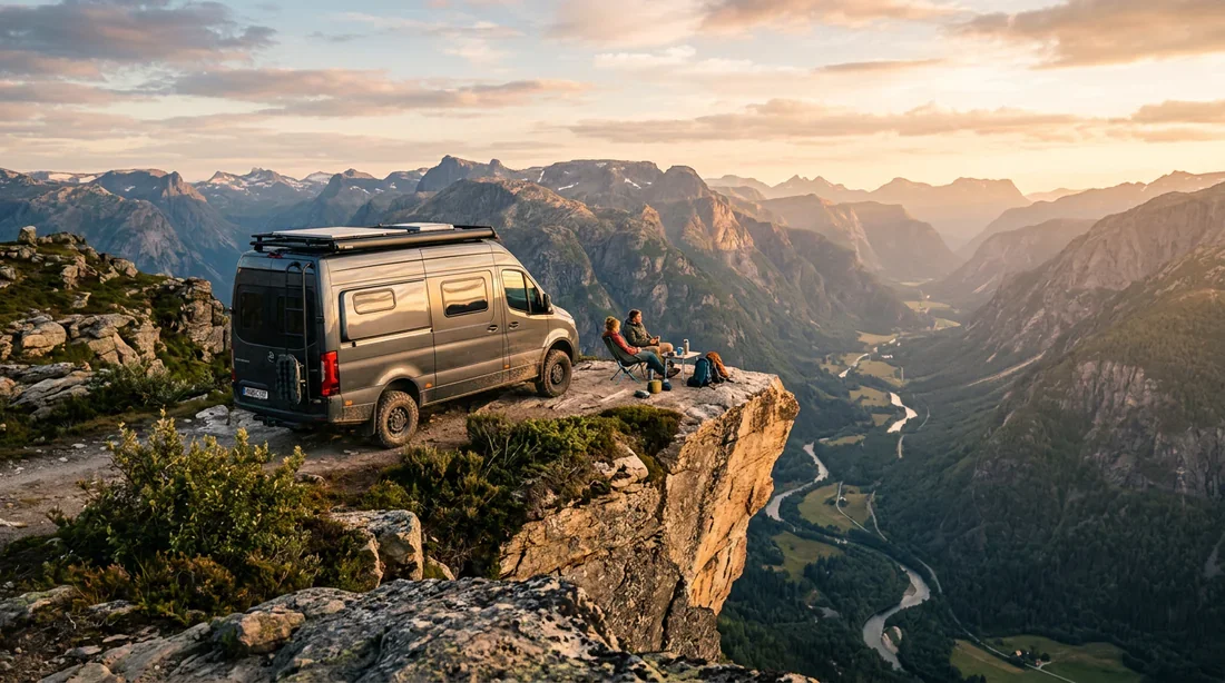 Aventure en groupe : camping-car face à l'immensité Un camping-car moderne stationné face à une vue panoramique époustouflante lors du coucher du soleil pour un voyage en groupe
