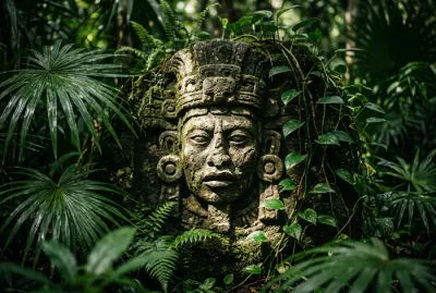 Détail iconique d'une sculpture maya au Belize