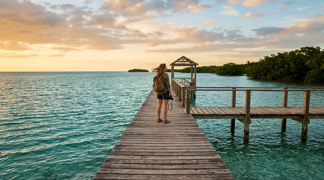 Vue cinématographique d'un voyageur sur un ponton au Belize au coucher du soleil