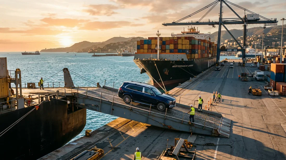 Voiture de luxe en cours de chargement sur un cargo pour une exportation vers la Tunisie
