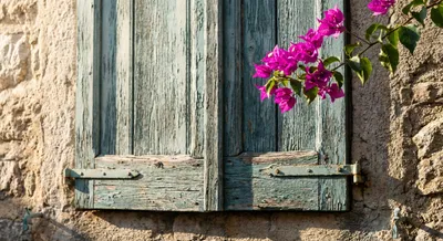 Détail architectural d'une maison corse traditionnelle avec volets en bois et fleurs