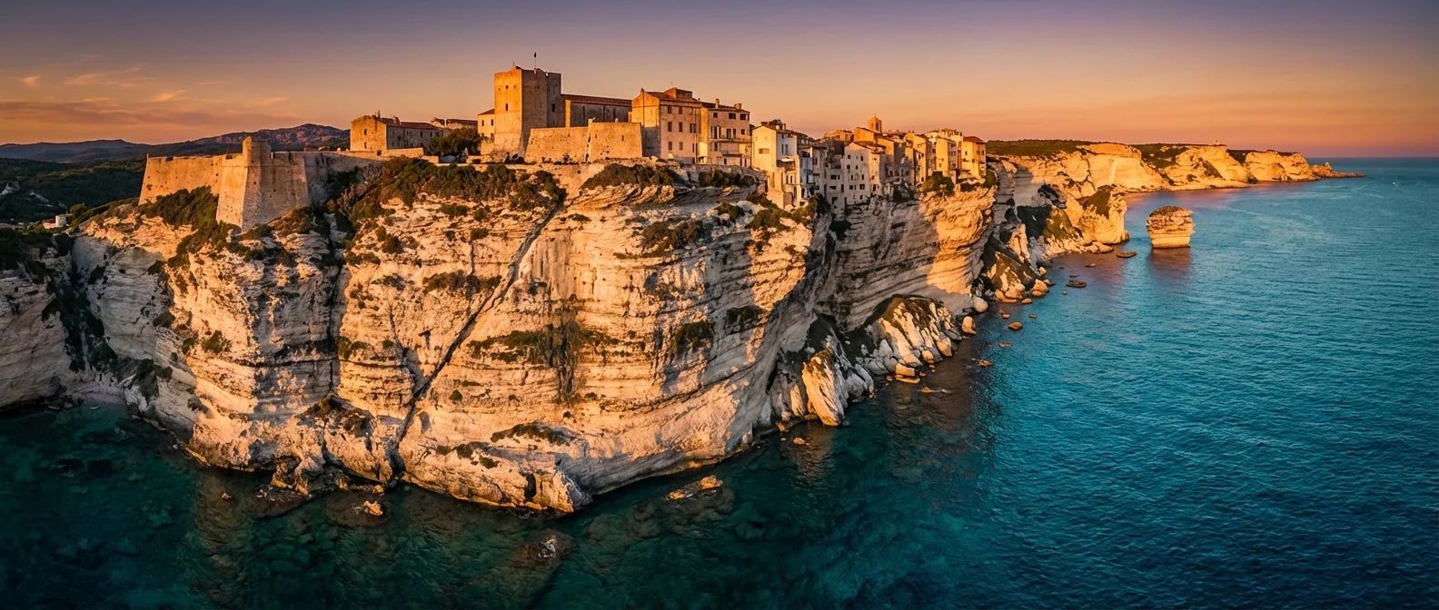 Vue spectaculaire des falaises de Bonifacio au coucher du soleil, symbole de la vie en Corse