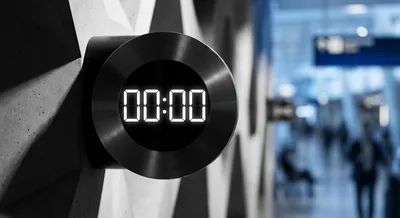 Gros plan minimaliste d'une horloge d'aéroport indiquant minuit dans une ambiance nocturne contrastée.