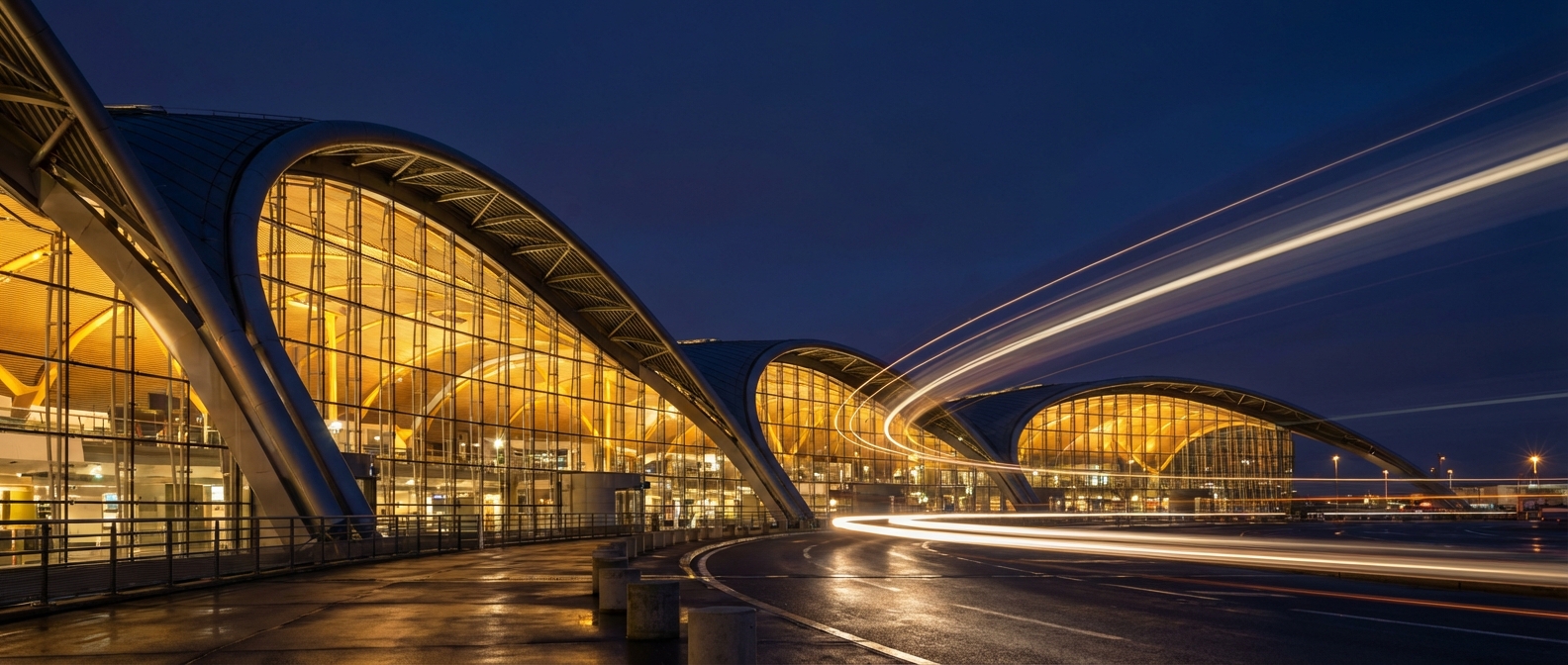 Aéroport Charles de Gaulle - Panorama Nocturne Épique Vue panoramique nocturne de l'architecture futuriste et illuminée de l'aéroport Charles de Gaulle sous un ciel de crépuscule.