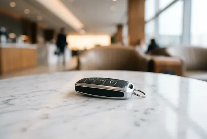 Clé de voiture posée sur une surface moderne symbolisant le départ en voyage