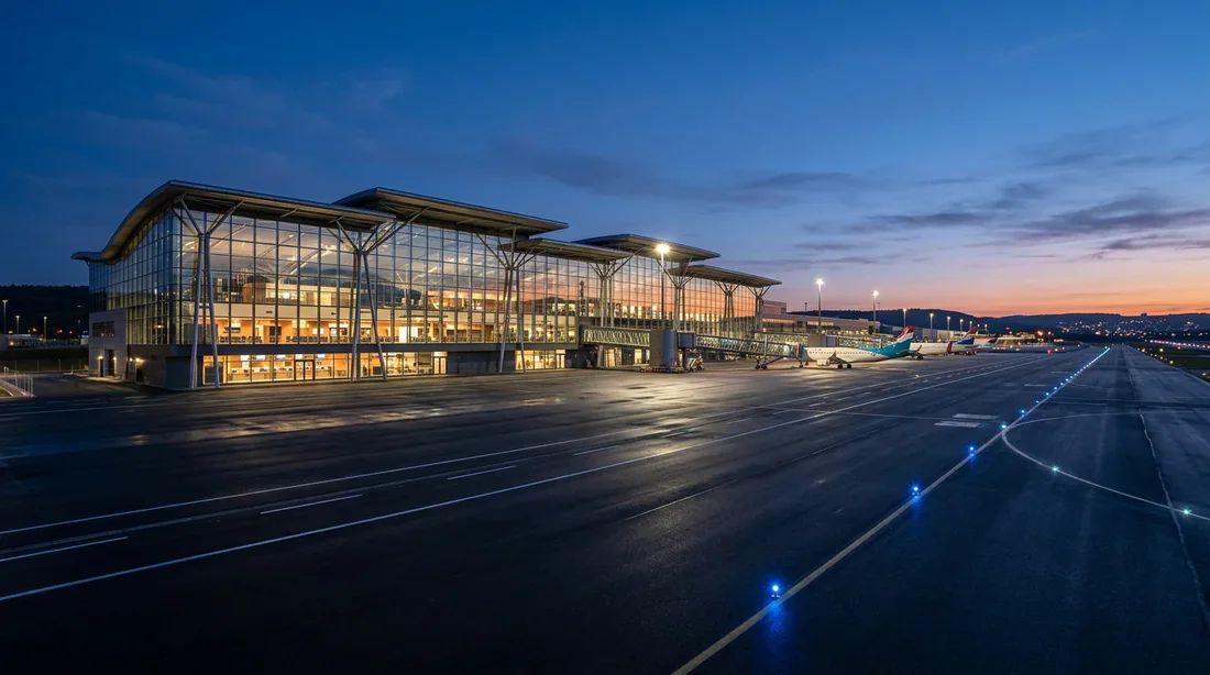 Vue panoramique de l'architecture moderne de l'aéroport de Luxembourg au crépuscule