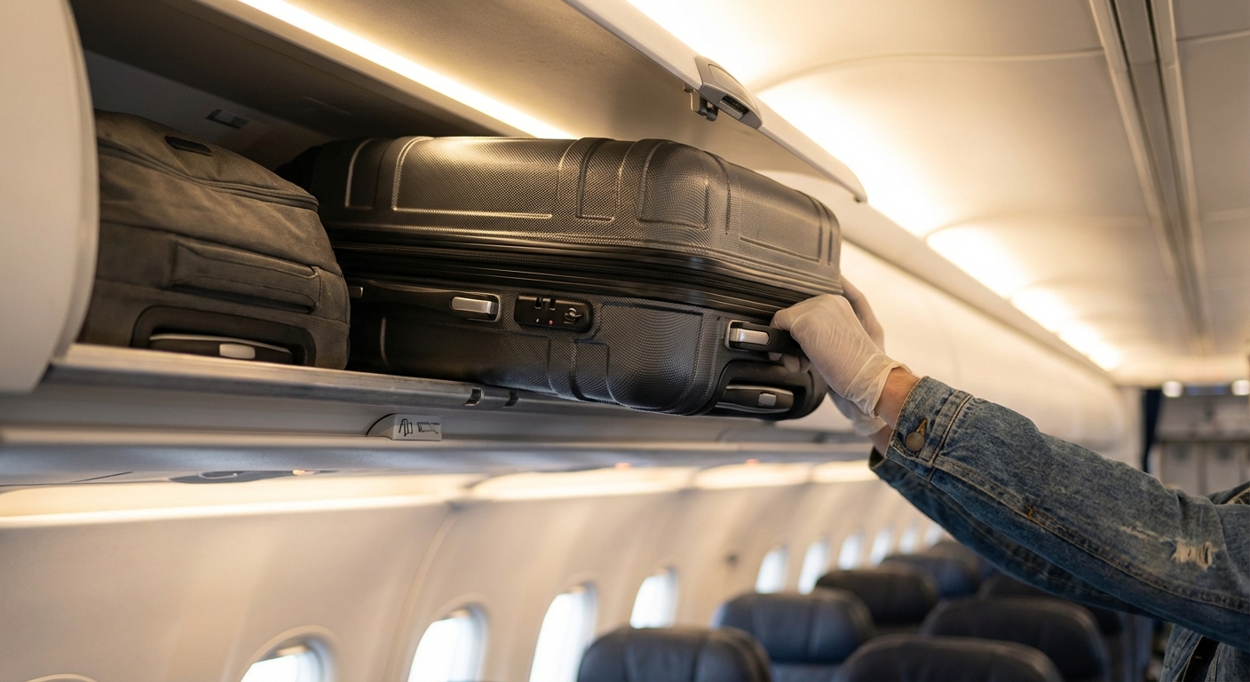 Gros plan d'un passager rangeant son bagage cabine dans le compartiment supérieur d'un avion.