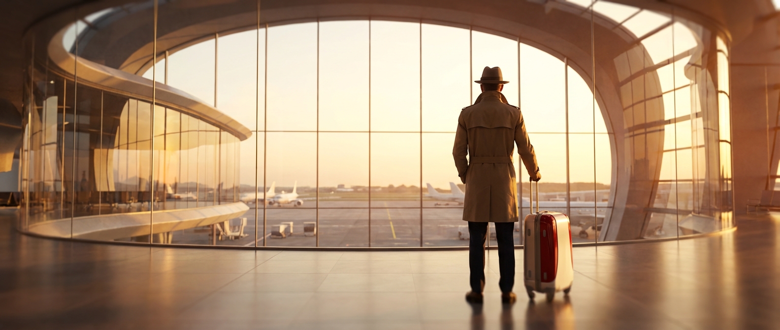 Voyageuse élégante avec une valise moderne dans un terminal d'aéroport futuriste au lever du soleil.
